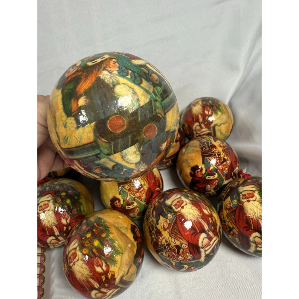 Vintage Paper Mache Christmas Ornament Large Round Santa w/Kids Lot Of 11 RARE
